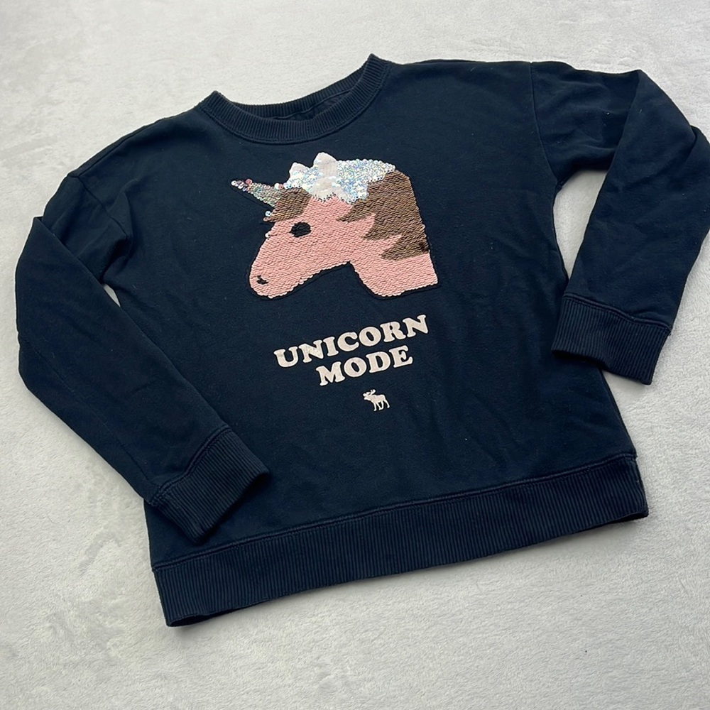 Abercrombie Kids 9/10 Unicorn Mode Moveable Sequin Graphic Print Blue Sweatshirt